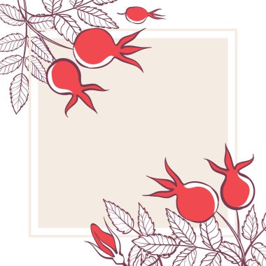 Square frame with flowers, leaves and rosehip berries. Hand-drawn illustration. clipart