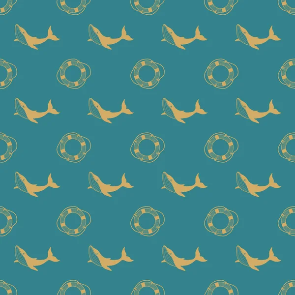 고래 및 구명 부 표를 가진 완벽 한 패턴입니다. 포장을 위한 해양 배경입니다. 선형 그림입니다. 손으로 그린 벡터 — 스톡 벡터