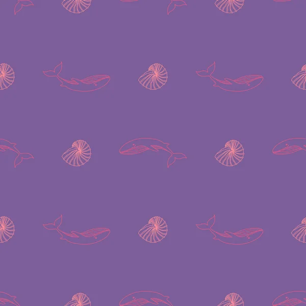 Modèle sans couture avec baleines, coquillages. Thème marin. Illustration dessinée à la main . — Image vectorielle