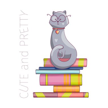 Bir kitap yığınının üzerinde gözlüklü akıllı kedi. Kedi öğreniyor. Elle çizilmiş illüstrasyon. Doodle çizgi film vektörü.