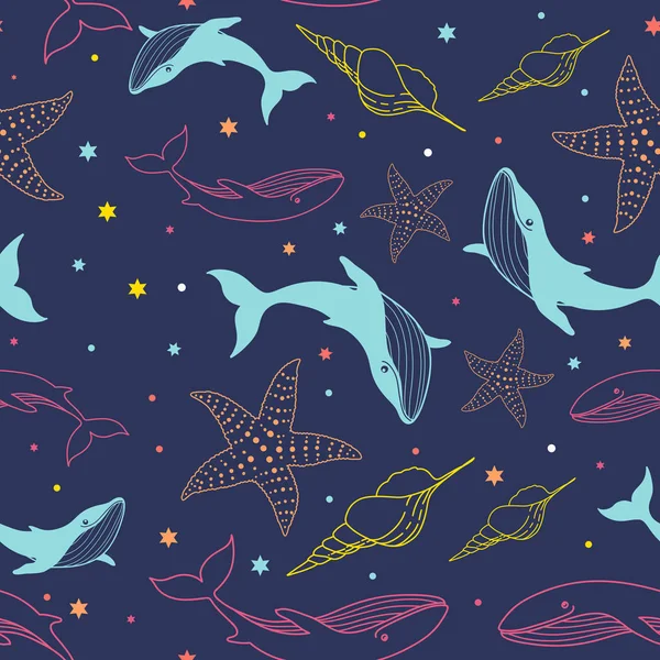 Бесшовный узор с китами, дельфинами, морскими звездами, раковинами и точками. Морская тема. Ручная иллюстрация . — стоковый вектор