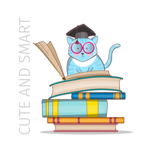 Smart cat with glasses on a stack of books. The kitten is learning. Hand-drawn illustration. Doodle cartoon vector. — Stock Vector