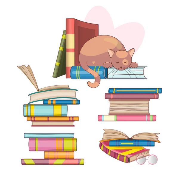 Gato inteligente com óculos em uma pilha de livros. Conjunto de livros de banda desenhada. Ilustração desenhada à mão . —  Vetores de Stock