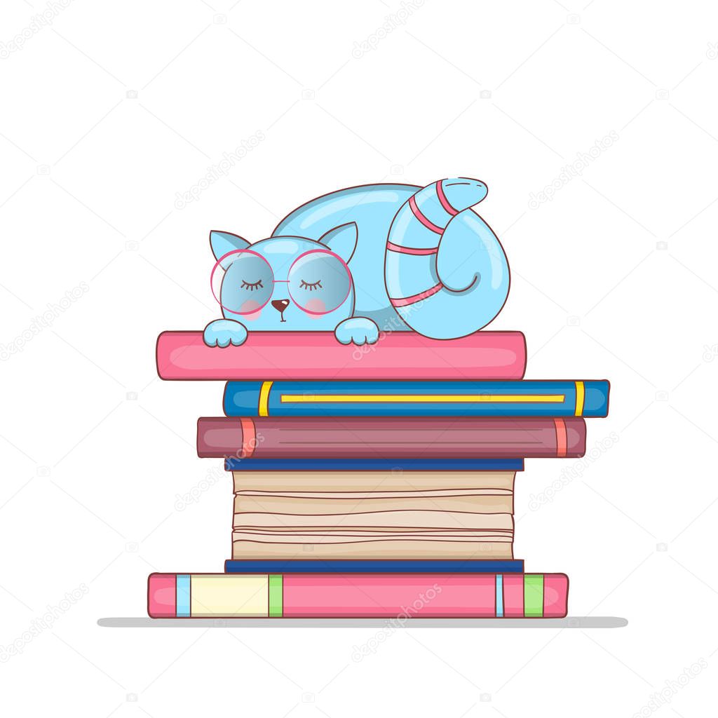 Smart cat with glasses on a stack of books. The kitten is learning. Hand-drawn illustration. Doodle cartoon vector.