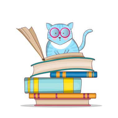 Bir kitap yığınının üzerinde gözlüklü akıllı kedi. Kedi öğreniyor. Elle çizilmiş illüstrasyon. Doodle çizgi film vektörü.