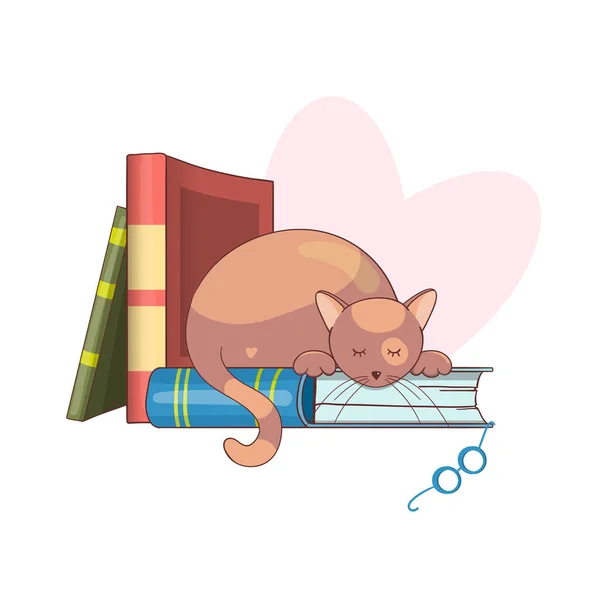 Bir kitap yığınının üzerinde gözlüklü akıllı kedi. Kedi öğreniyor. Elle çizilmiş illüstrasyon. Doodle çizgi film vektörü.