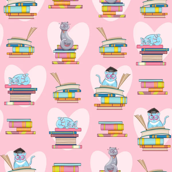 Kitap ve sevimli akıllı kedilerin kusursuz desen. Doodle illüstrasyon. Çizgi film arka planı. Vektör