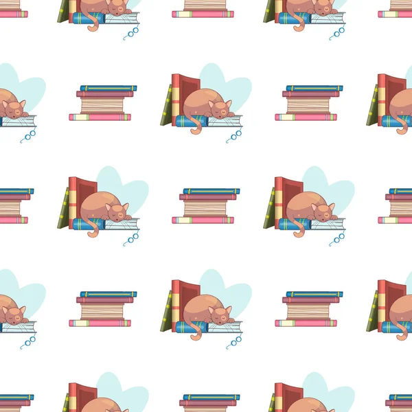 Kitap ve sevimli akıllı kedilerin kusursuz desen. Doodle illüstrasyon. Çizgi film arka planı. Vektör