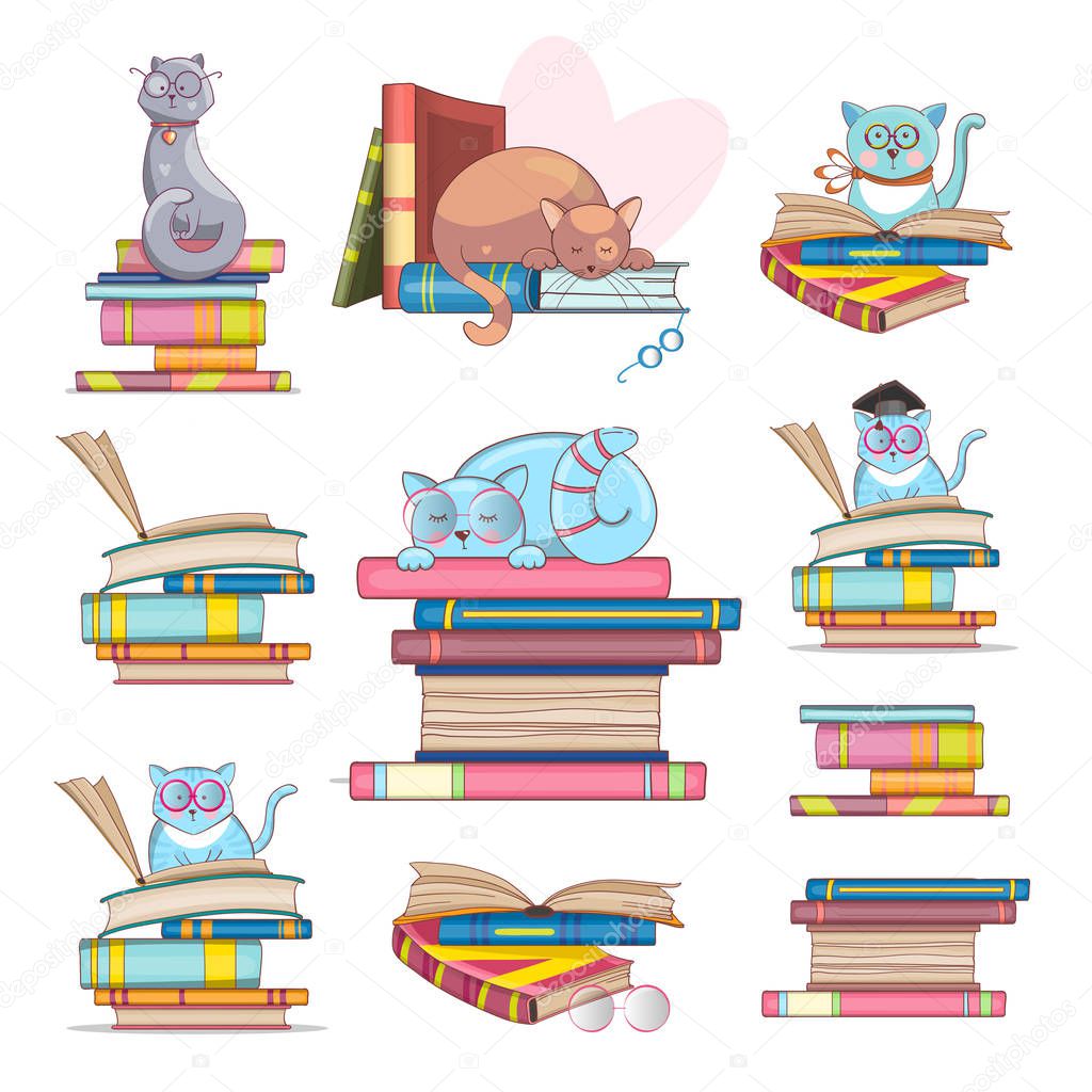 Set of smart cats with glasses and books. Hand-drawn illustration. Cute drawings for your design. Vector