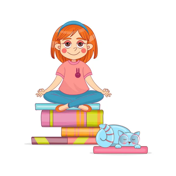 Menina bonito medita em uma pilha de livros. Perto do gato adormecido de óculos. ilustração desenho animado desenhado à mão. Vetor isolado . —  Vetores de Stock
