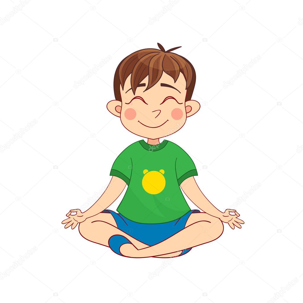 Cute little boy meditating. Hand-drawn cartoon illustration. Isolated vector.