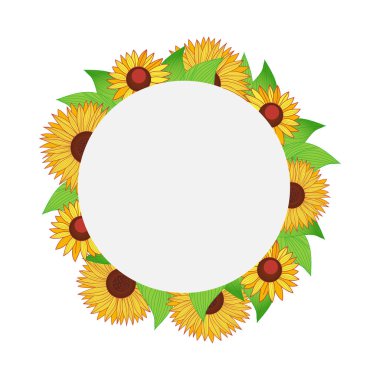 Yaprak ve ayçiçeği ile yuvarlak sonbahar çerçevesi. Tasarımınız için şablon. Elle çizilmiş vektör.