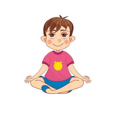 Sevimli küçük çocuk meditasyon. Elle çizilmiş karikatür illüstrasyon. Yalıtılmış vektör.