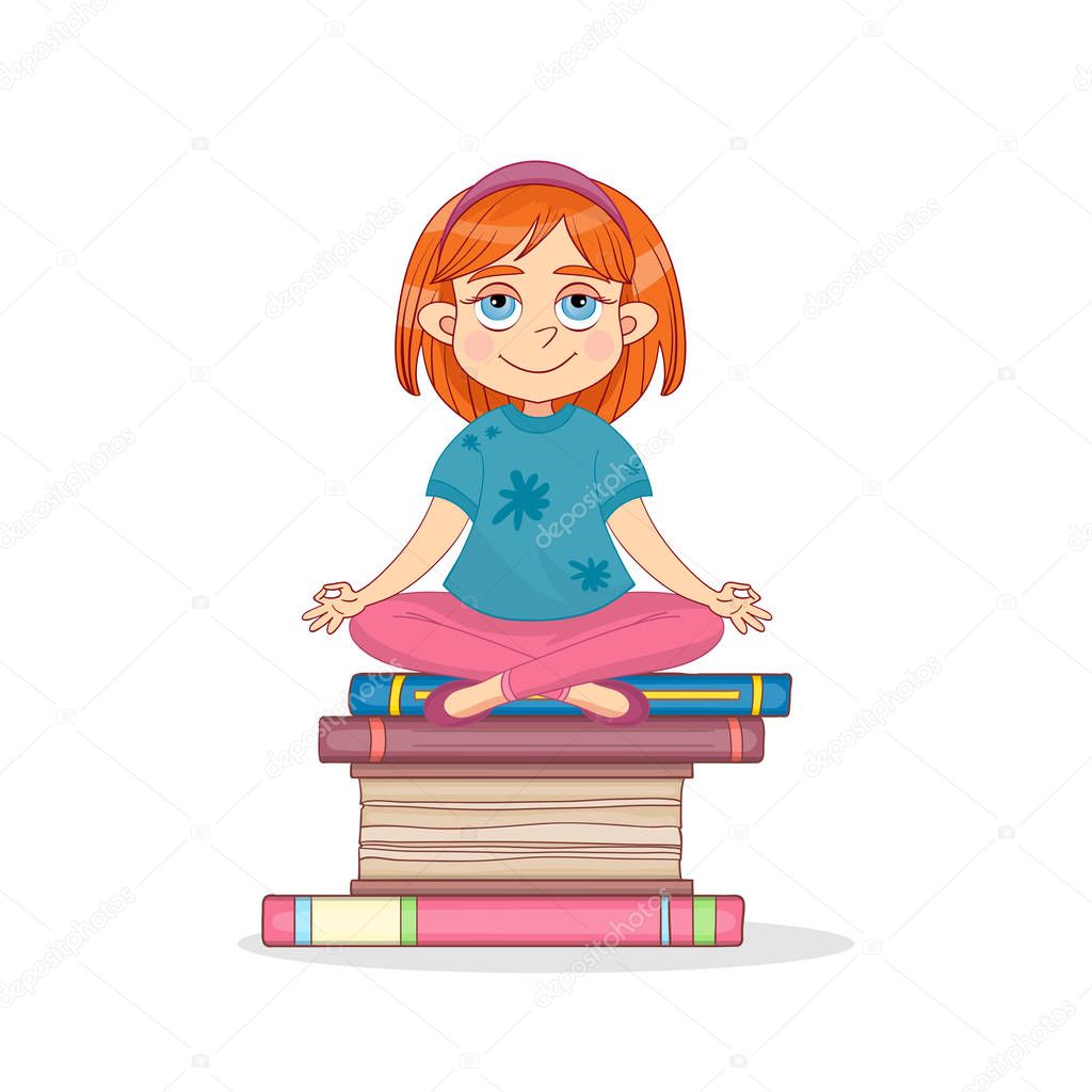 Cute little girl meditates on a stack of books. Hand-drawn cartoon illustration. Isolated vector.