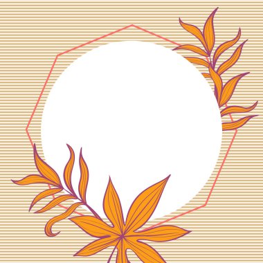 Tropik yaprakları ile Kartpostal şablonu. Doğrusal illüstrasyon. Vektör arka planı