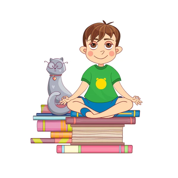 Little Boy mediterar på en bunt med böcker med en katt. Handritade karikatyr illustration. Isolerad vektor. — Stock vektor