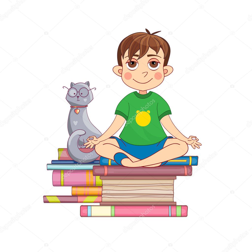little boy meditates on a stack of books with a cat. Hand-drawn cartoon illustration. Isolated vector.