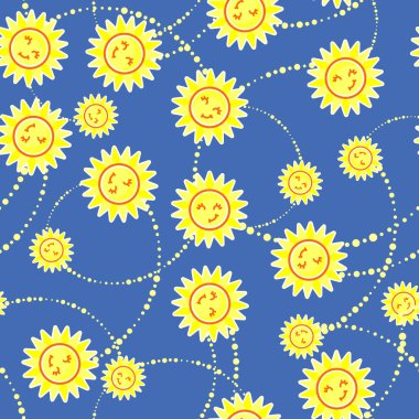 Güneş, yıldızlar, nokta ve mavi arka plan üzerinde daireler dikişsiz desen. Karikatür illüstrasyon. Doodle vektörü.