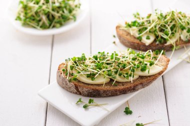 Yeşil taze lahanalı bir sandviç, mikro yeşiller ve mozzarella, sağlıklı ve sağlıklı bir atıştırmalık.
