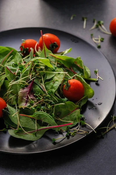 fresh healthy salad of microgreen sprouts, leaves of young beets, tops, and cherry tomatoes on a dark background