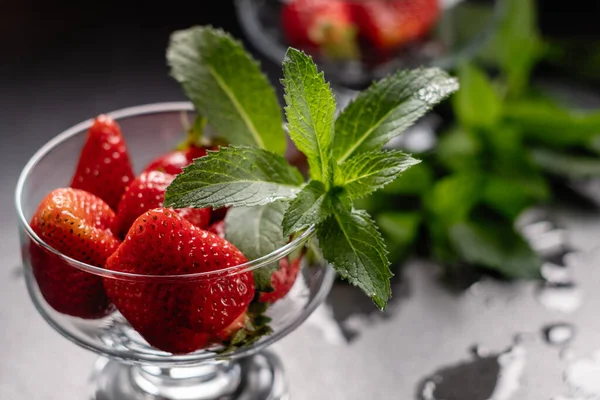 Fresh Ripe Red Strawberries Glass Bowl Black Background — Stock Photo, Image