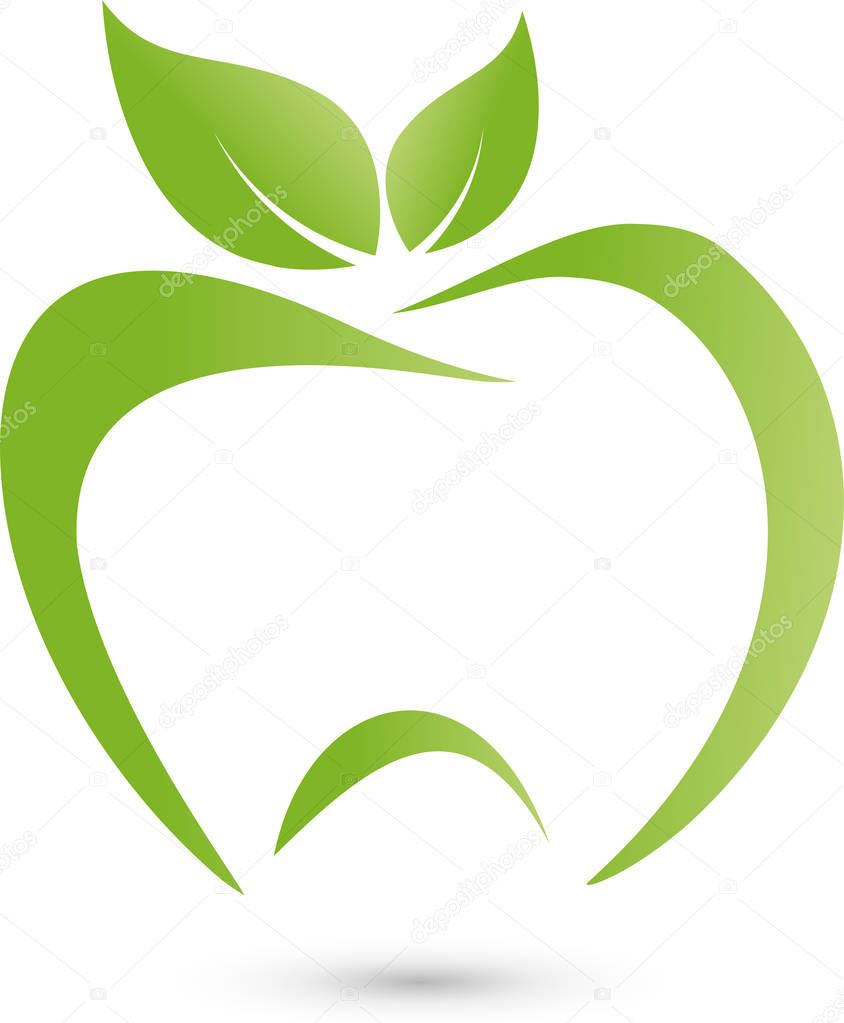 Tooth or apple with leaves, apple, tooth, dental care, food advice, logo, icon