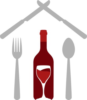Bıçak, çatal, kaşık bir ev ve cam, Restoran logosu ile şarap şişesi olarak