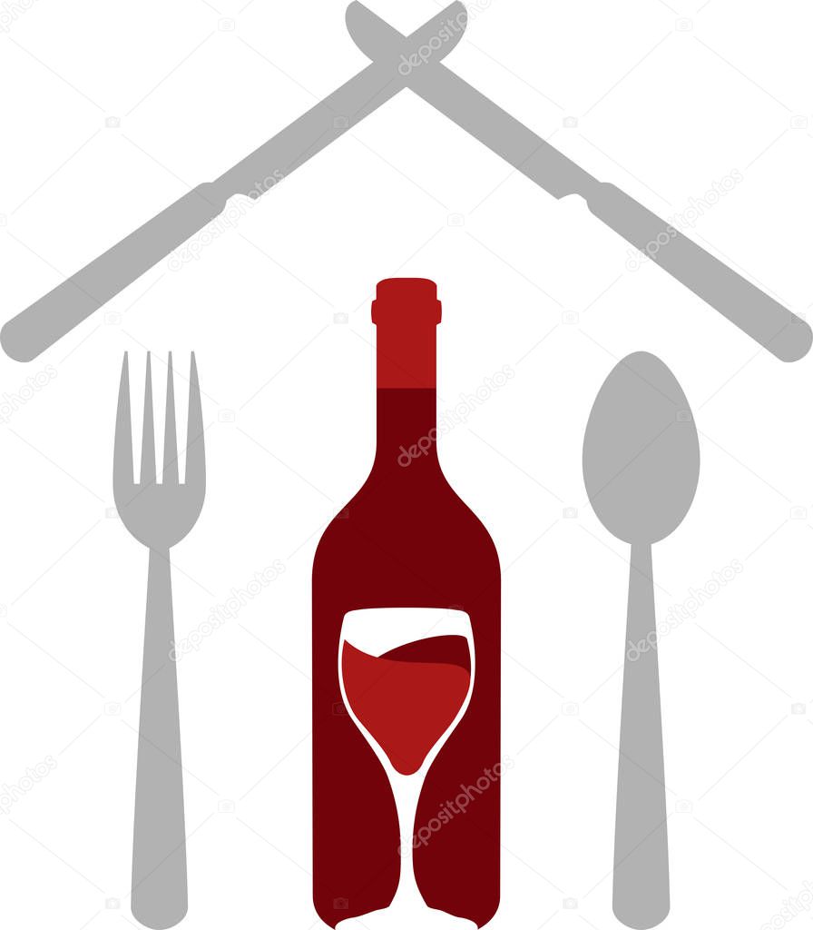 Knife, fork, spoon as a house and wine bottle with glass, restaurant logo