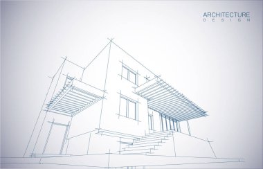 Kablo-çerçeve modu ve gradyan renk arkaplanı binasının mimari tasarımı. Genişletilmiş çizgiler ve çeşitli renklerde basit şekillerin doğrusal formları. Şeffaf yapının düz çizgisi