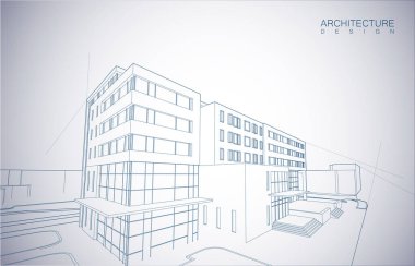 Kablo-çerçeve modu ve gradyan renk arkaplanı binasının mimari tasarımı. Genişletilmiş çizgiler ve çeşitli renklerde basit şekillerin doğrusal formları. Şeffaf yapının düz çizgisi