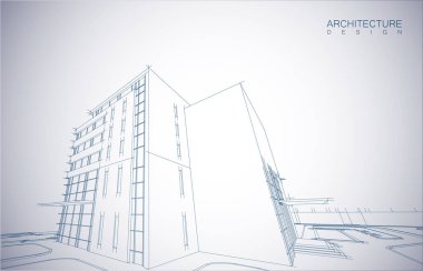 Kablo-çerçeve modu ve gradyan renk arkaplanı binasının mimari tasarımı. Genişletilmiş çizgiler ve çeşitli renklerde basit şekillerin doğrusal formları. Şeffaf yapının düz çizgisi