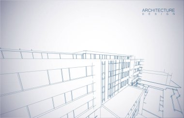 Kablo-çerçeve modu ve gradyan renk arkaplanı binasının mimari tasarımı. Genişletilmiş çizgiler ve çeşitli renklerde basit şekillerin doğrusal formları. Şeffaf yapının düz çizgisi