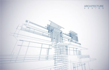 Kablo-çerçeve modu ve gradyan renk arkaplanı binasının mimari tasarımı. Genişletilmiş çizgiler ve çeşitli renklerde basit şekillerin doğrusal formları. Şeffaf yapının düz çizgisi