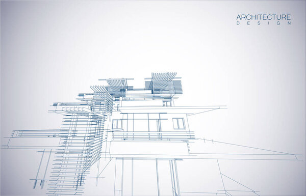 Архитектурное оформление здания в режиме проводки и градиентного цвета фона. Расширенные линии и линейные формы простой формы в различных цветах. Прямая линия прозрачной структуры
