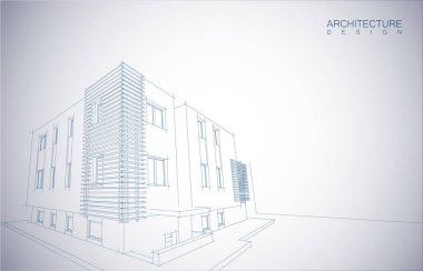 Kablo-çerçeve modu ve gradyan renk arkaplanı binasının mimari tasarımı. Genişletilmiş çizgiler ve çeşitli renklerde basit şekillerin doğrusal formları. Şeffaf yapının düz çizgisi