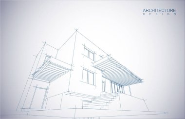 Kablo-çerçeve modu ve gradyan renk arkaplanı binasının mimari tasarımı. Genişletilmiş çizgiler ve çeşitli renklerde basit şekillerin doğrusal formları. Şeffaf yapının düz çizgisi