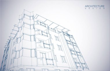 Kablo-çerçeve modu ve gradyan renk arkaplanı binasının mimari tasarımı. Genişletilmiş çizgiler ve çeşitli renklerde basit şekillerin doğrusal formları. Şeffaf yapının düz çizgisi