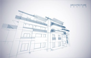 Kablo-çerçeve modu ve gradyan renk arkaplanı binasının mimari tasarımı. Genişletilmiş çizgiler ve çeşitli renklerde basit şekillerin doğrusal formları. Şeffaf yapının düz çizgisi