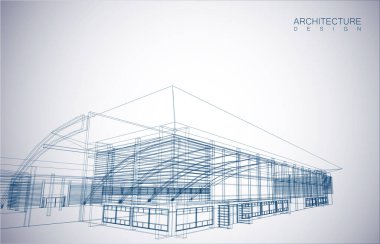 Kablo-çerçeve modu ve gradyan renk arkaplanı binasının mimari tasarımı. Genişletilmiş çizgiler ve çeşitli renklerde basit şekillerin doğrusal formları. Şeffaf yapının düz çizgisi