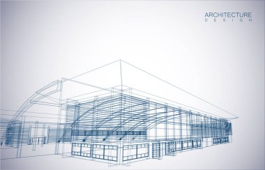 Kablo-çerçeve modu ve gradyan renk arkaplanı binasının mimari tasarımı. Genişletilmiş çizgiler ve çeşitli renklerde basit şekillerin doğrusal formları. Şeffaf yapının düz çizgisi