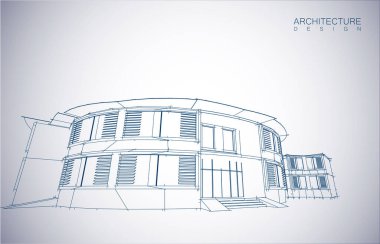 Kablo-çerçeve modu ve gradyan renk arkaplanı binasının mimari tasarımı. Genişletilmiş çizgiler ve çeşitli renklerde basit şekillerin doğrusal formları. Şeffaf yapının düz çizgisi