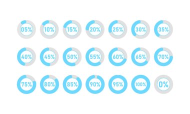 İlerleme çemberleri yükleniyor. Çember simge şablonu segmenti% 0 ile% 100 arasında değişiyor. Yuvarlak renkli bilgi turtası grafikleri dizaynı. Web sitelerinde, uygulamalarda ve UI / UX 'te görsel olarak yükleme, tampon veya ilerleme durumunu gösteren canlandırılmış göstergeler 