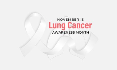Kasım ayındaki Akciğer Kanseri Farkındalığı Ayı, etkilenenlere yönelik önleme, erken teşhis, tedavi ve desteği ön plana çıkarıyor. Beyaz kurdele ve iki organ ciğeri. Sağlık ve Tıp Konsepti posteri.