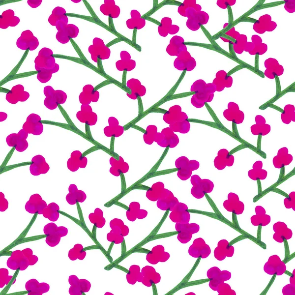 Mor çiçekli yeşil dalların kusursuz deseni tasarım için.