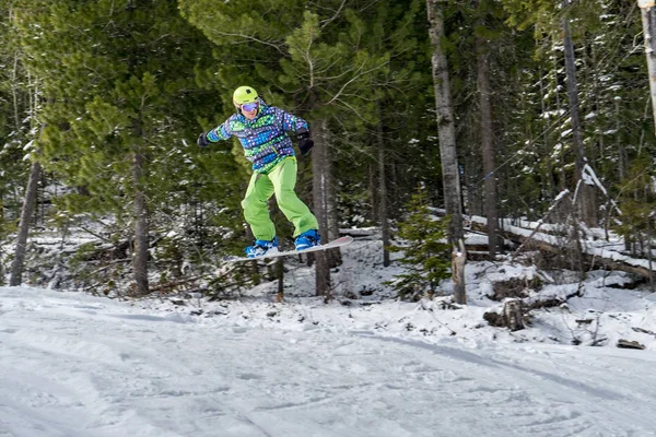Сноубордист прыгает в горах на фоне леса — стоковое фото