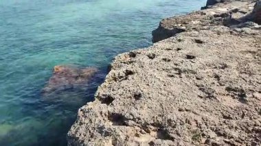 Ostuni, Puglia, İtalya 17 Eylül 2025: Kosta Merlata 'nın engebeli kayalıkları boyunca uzanan küçük altın kumsal