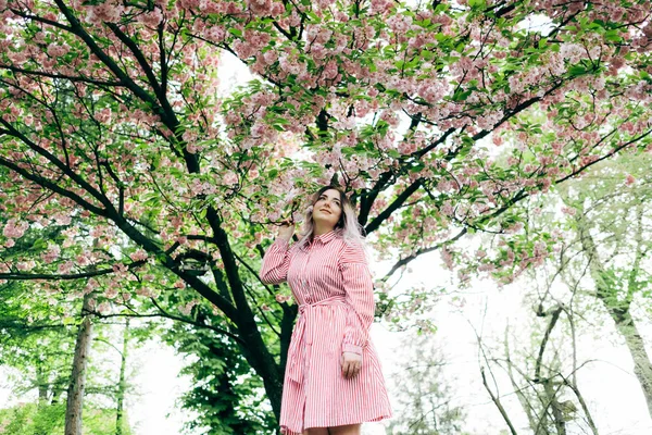 Park güneşli günde kiraz çiçeği mevsiminde zevk güzel genç kadın
