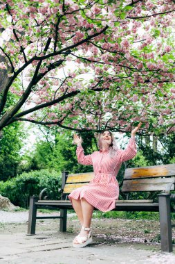 Park güneşli günde kiraz çiçeği mevsiminde zevk güzel genç kadın