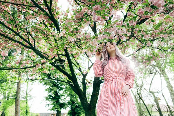Park güneşli günde kiraz çiçeği mevsiminde zevk güzel genç kadın
