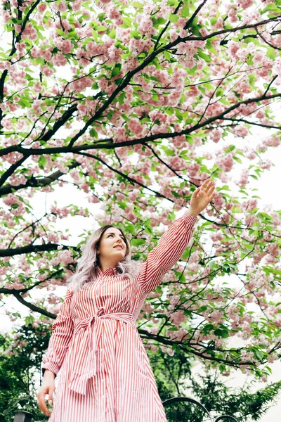 Park güneşli günde kiraz çiçeği mevsiminde zevk güzel genç kadın